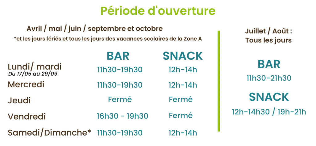 horaires d'ouverture Bar Paillote Snack Domaine de la Dombes